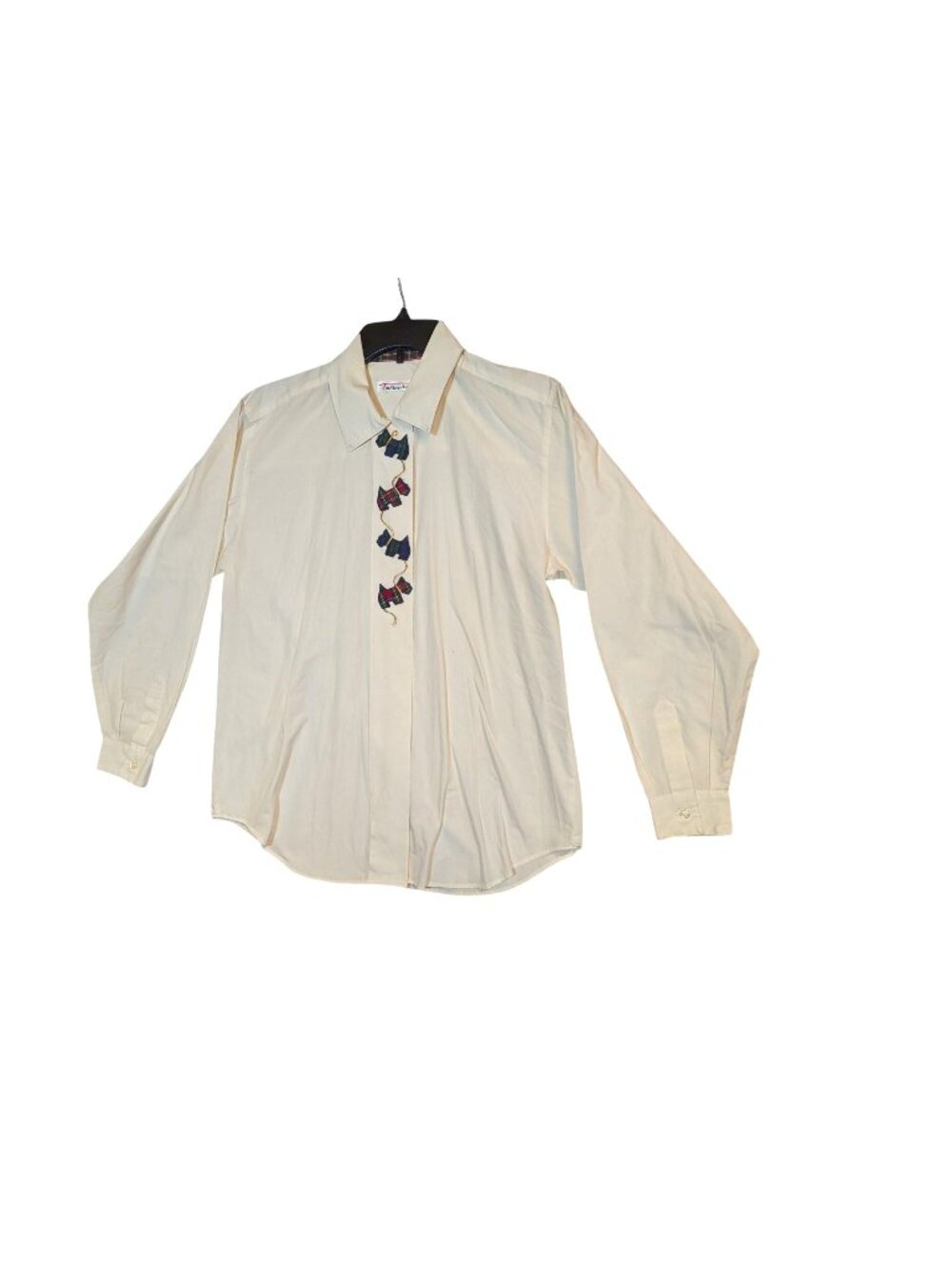 Talbots Ivory Button-Up Shirt With Tartan Scottie Dog Embroidery Size M
